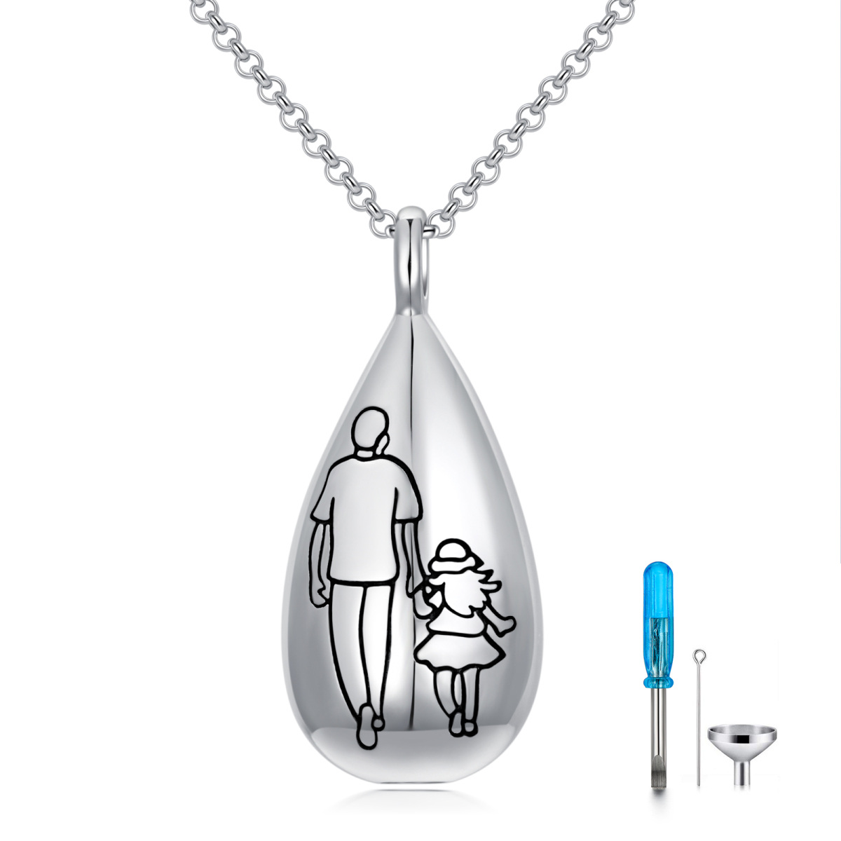 Sterling Silber Vater & Tochter Drop Shape Urne Halskette mit eingraviertem Wort-1