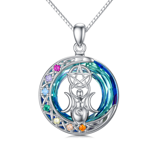 Sterling Silver Circular Shaped Chakras & Triple Moon Goddess Crystal Pendant Necklace-0