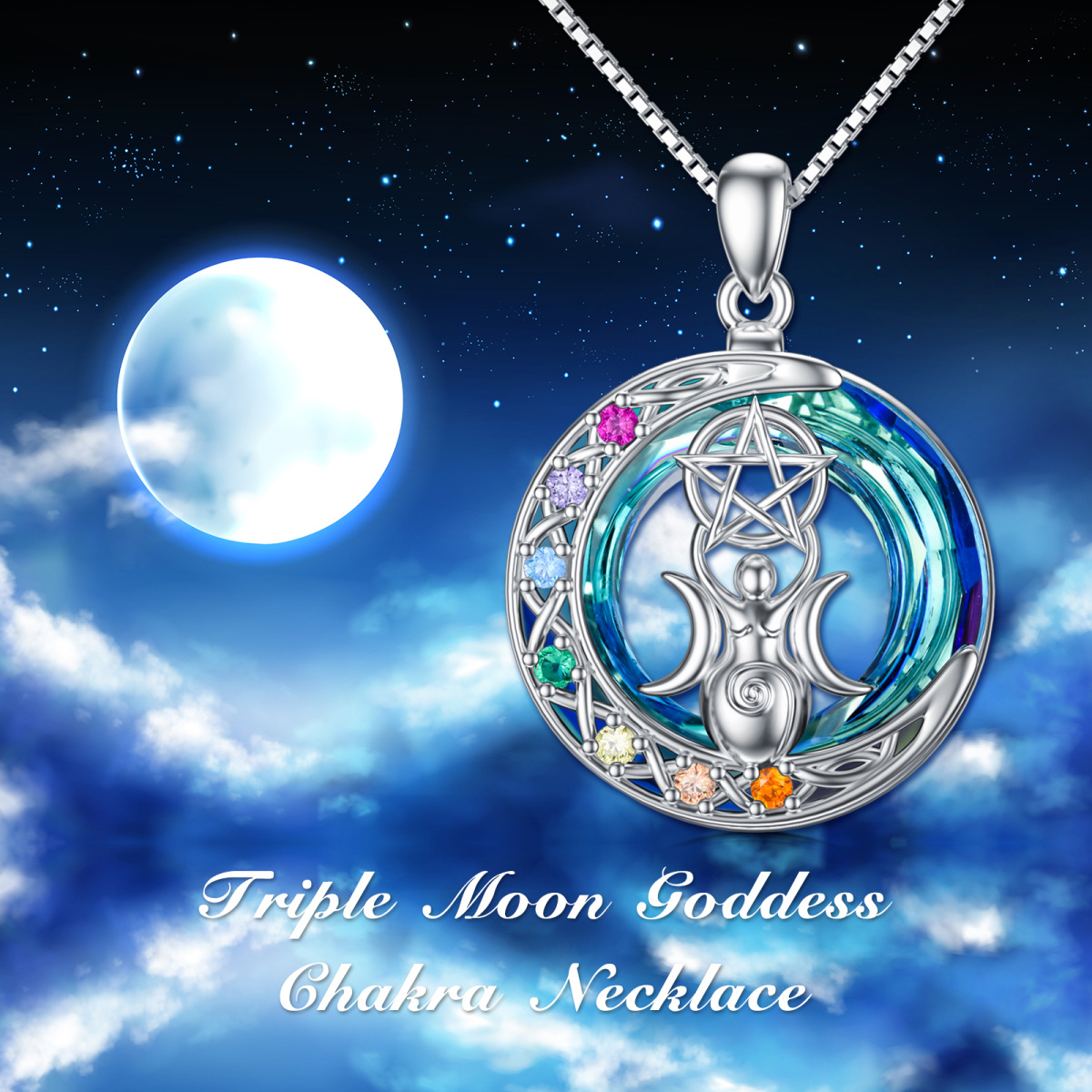 Sterling Silver Circular Shaped Chakras & Triple Moon Goddess Crystal Pendant Necklace-6