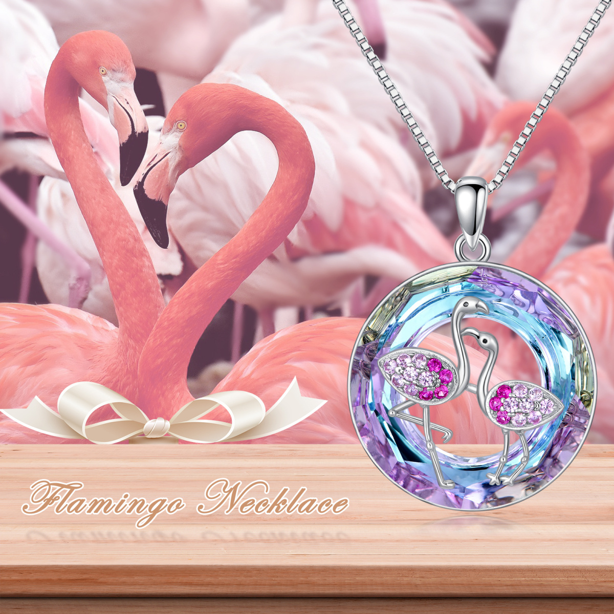Sterling Silber kreisförmiger Flamingo Kristall Anhänger Halskette-6