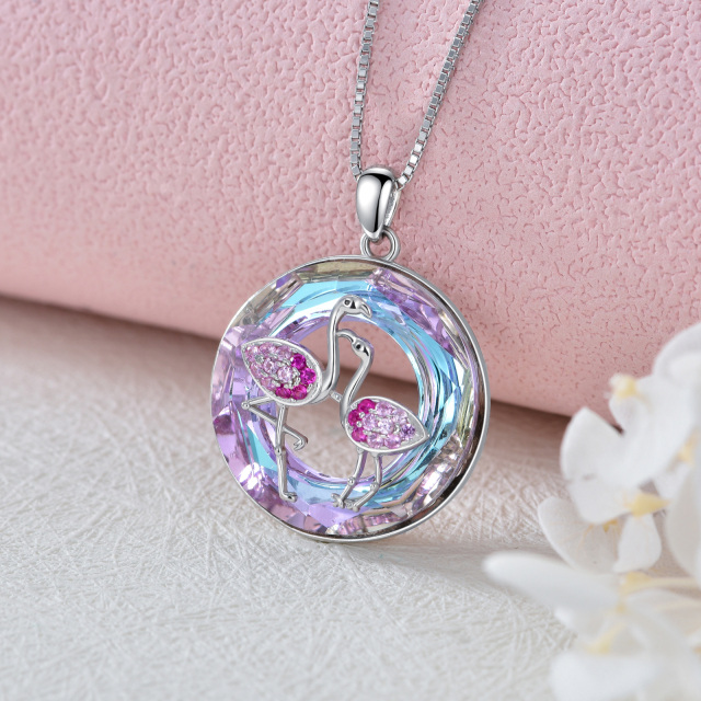 Sterling Silver Circular Shaped Flamingo Crystal Pendant Necklace-3