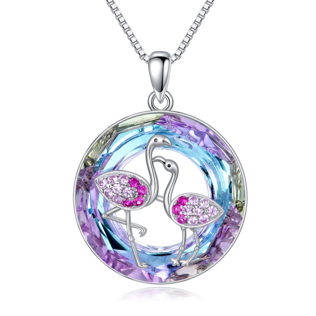 Sterling Silver Circular Shaped Flamingo Crystal Pendant Necklace-1