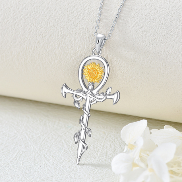 Sterling Silver Two-tone Sunflower & Cross Sword Pendant Necklace-4