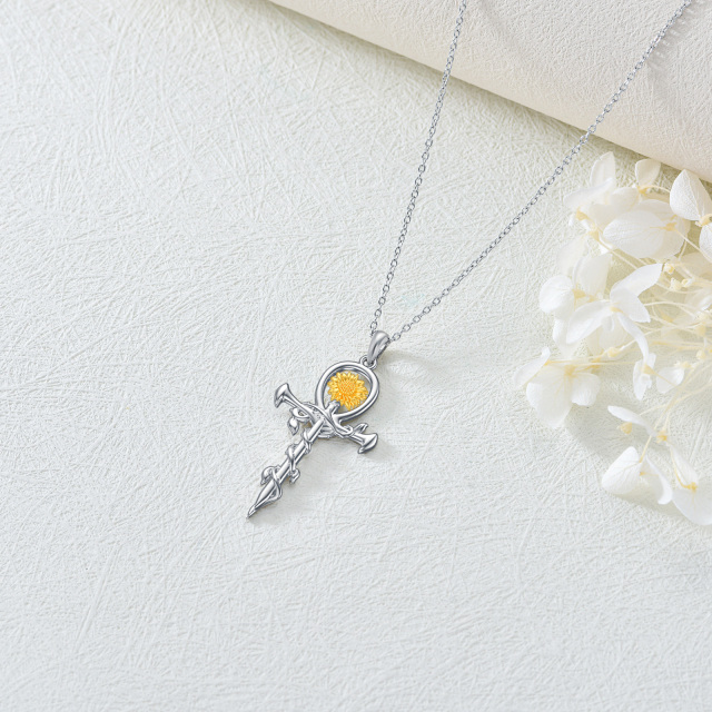 Sterling Silver Two-tone Sunflower & Cross Sword Pendant Necklace-5