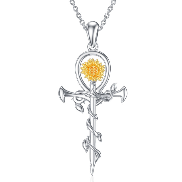 Sterling Silver Two-tone Sunflower & Cross Sword Pendant Necklace-1