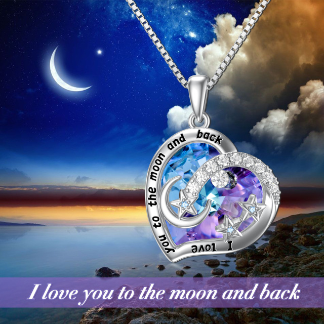 Sterling Silver Heart Shaped Heart & Moon & Star Crystal Pendant Necklace with Engraved Word-5
