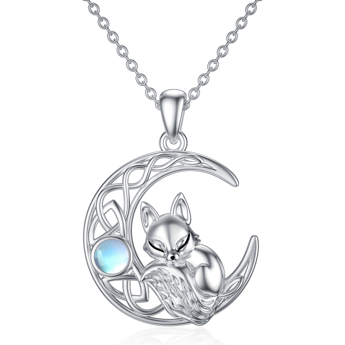 Sterling Silver Circular Shaped Moonstone Fox & Moon Pendant Necklace-1