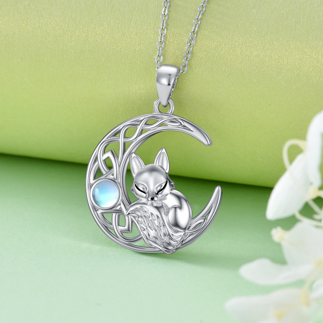 Sterling Silver Circular Shaped Moonstone Fox & Moon Pendant Necklace-4