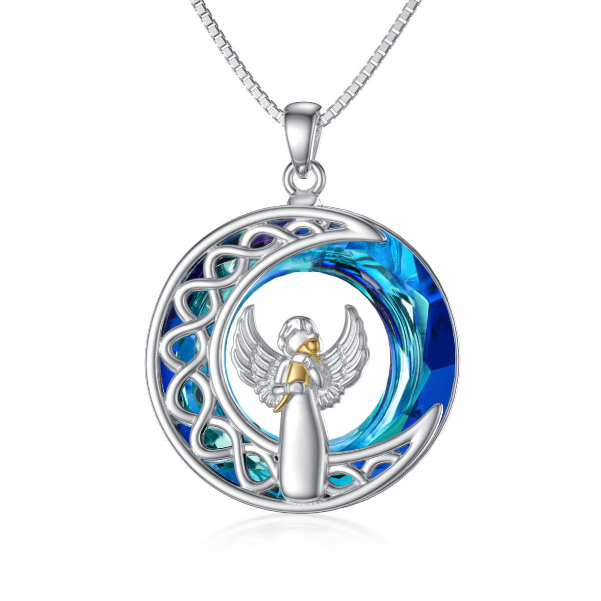 Sterling Silver Two-tone Round Cat & Angel Wing & Moon Crystal Pendant Necklace-1