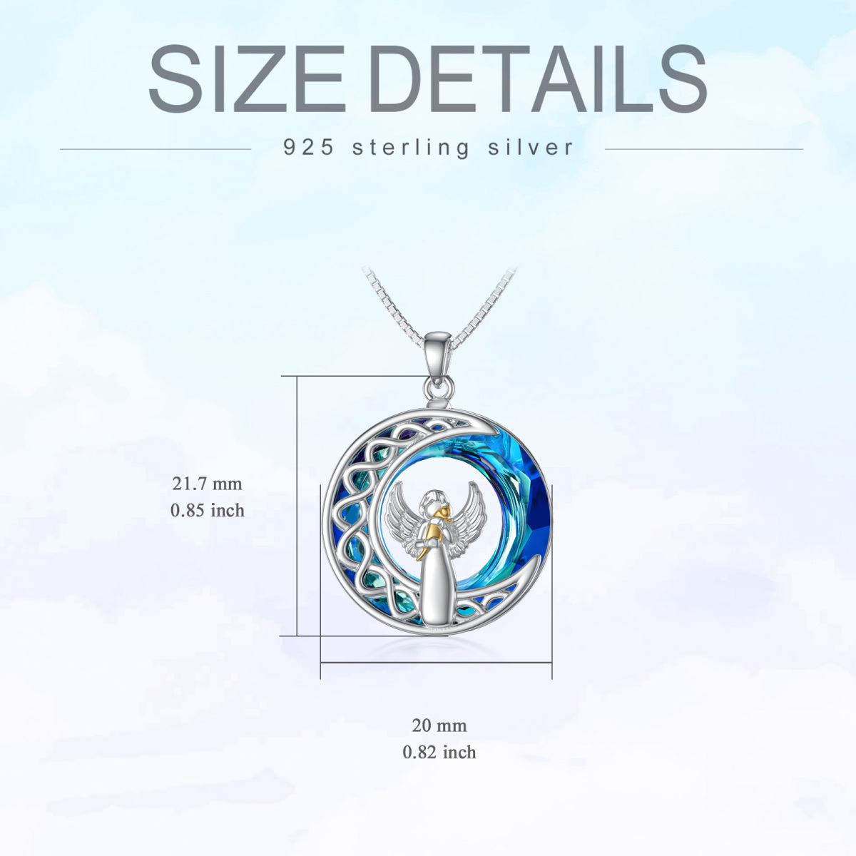 Sterling Silver Two-tone Round Cat & Angel Wing & Moon Crystal Pendant Necklace-6