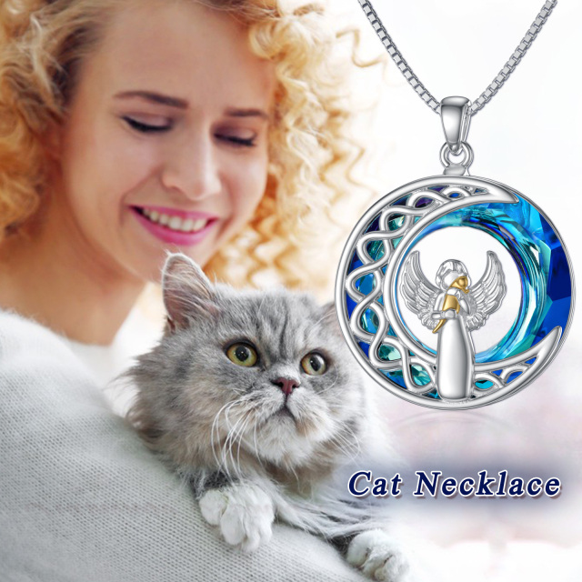 Sterling Silver Two-tone Round Cat & Angel Wing & Moon Crystal Pendant Necklace-5