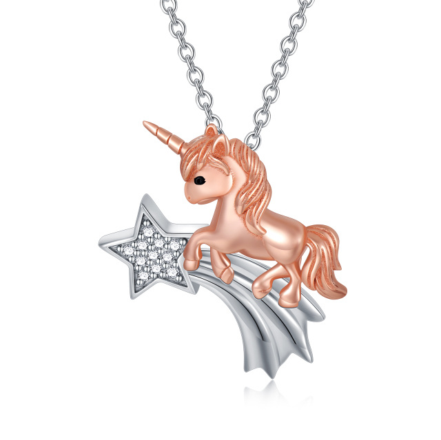 Cubic Zirconia Unicorn Horse Necklace in White and Rose Gold Plated Sterling Silver -0