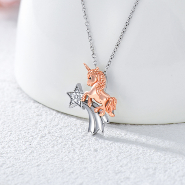 Cubic Zirconia Unicorn Horse Necklace in White and Rose Gold Plated Sterling Silver -4