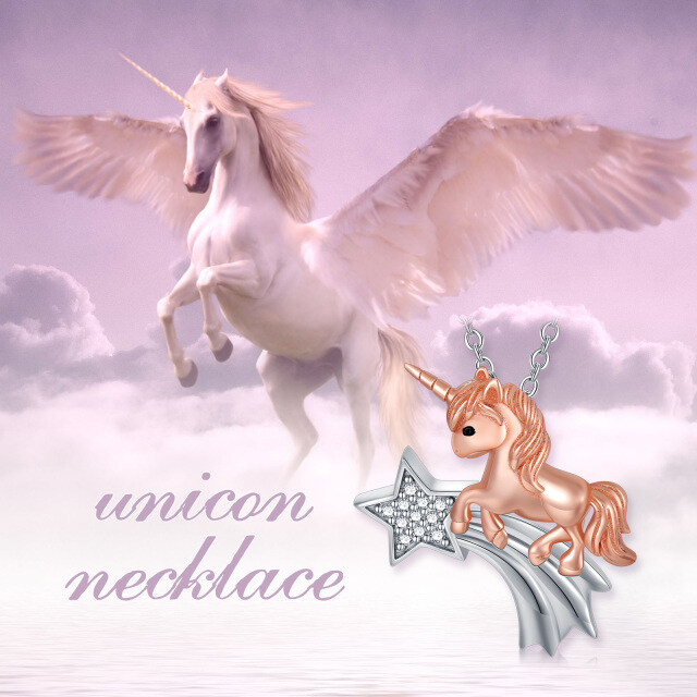Cubic Zirconia Unicorn Horse Necklace in White and Rose Gold Plated Sterling Silver -2