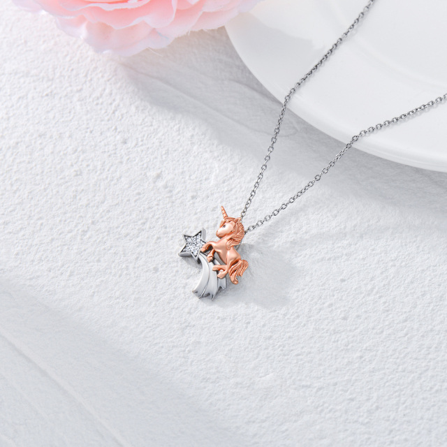 Cubic Zirconia Unicorn Horse Necklace in White and Rose Gold Plated Sterling Silver -5