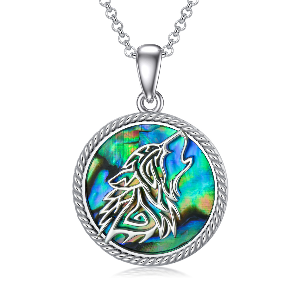 Plata de ley Abalone Shellfish Wolf Personalizada Foto Locket Collar para Hombres-1