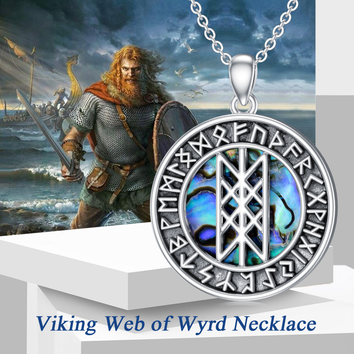 Sterling Silver Abalone Shellfish Viking Rune Pendant Necklace-6