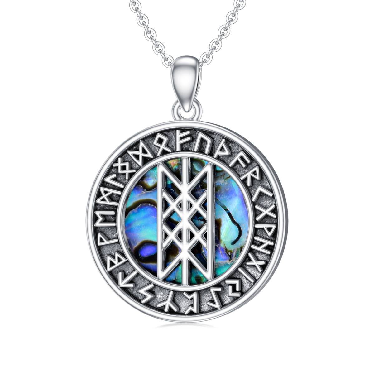 Sterling Silver Abalone Shellfish Viking Rune Pendant Necklace-1