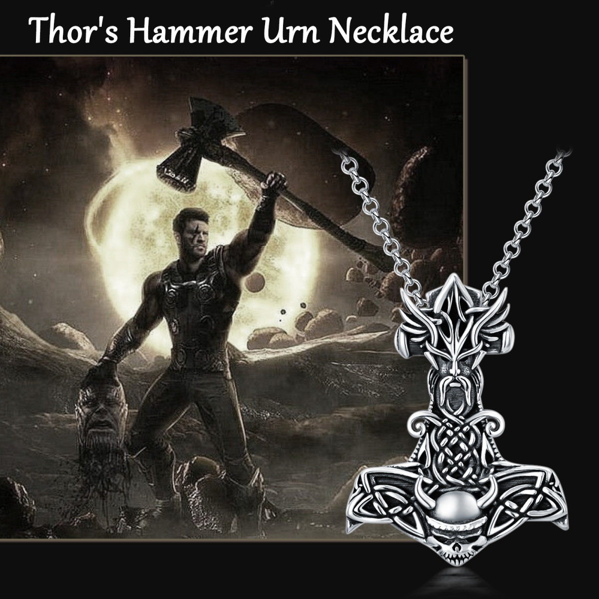 Sterling Silver with Black Plated Thor's Hamme Urn Necklace for Ashes for Men-6