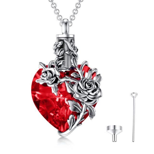 Sterling Silver Red Heart Crystal Rose Cremation Urn Necklace for Ashes for Women-1