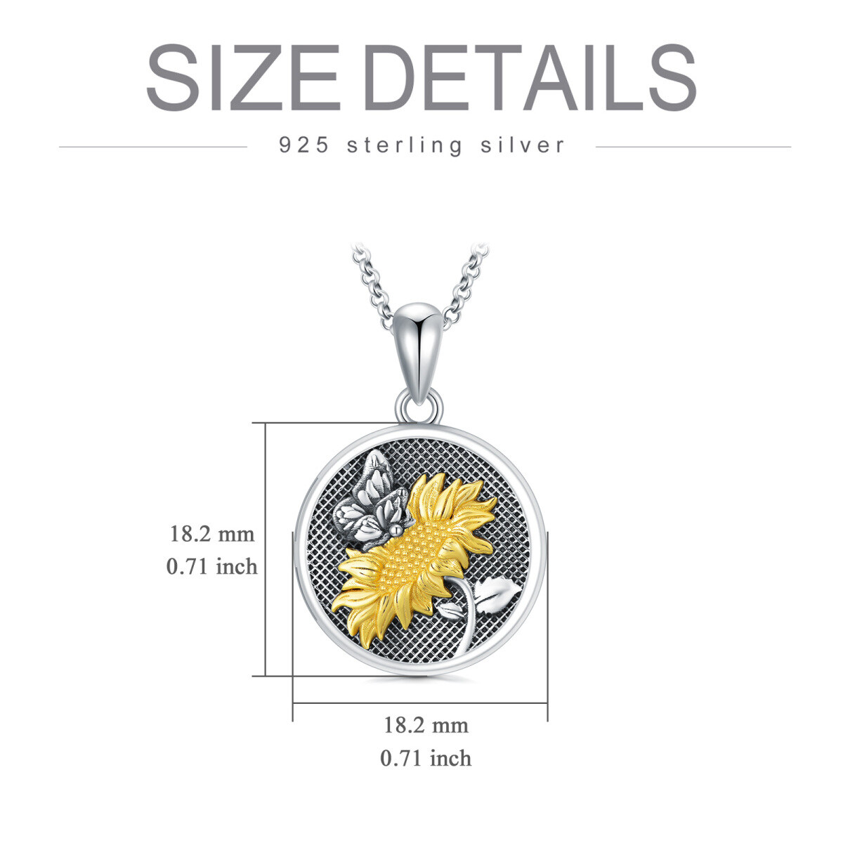 Sterling Silver Two-tone Butterfly & Sunflower & Personalized Photo Personalized Photo Locket Necklace with Engraved Word-6