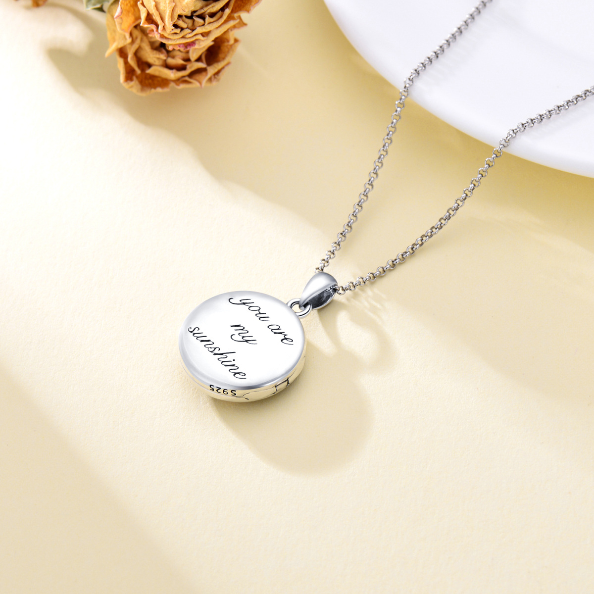 Sterling Silver Two-tone Butterfly & Sunflower & Personalized Photo Personalized Photo Locket Necklace with Engraved Word-4