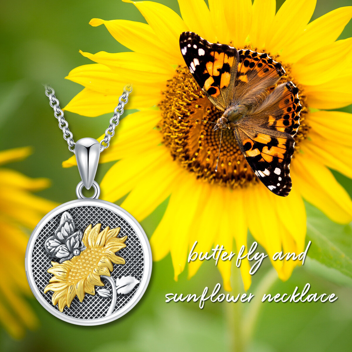 Sterling Silver Two-tone Butterfly & Sunflower & Personalized Photo Personalized Photo Locket Necklace with Engraved Word-7