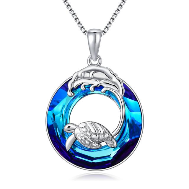 Sterling Silver Circular Shaped Sea Turtle & Spray Crystal Pendant Necklace-0