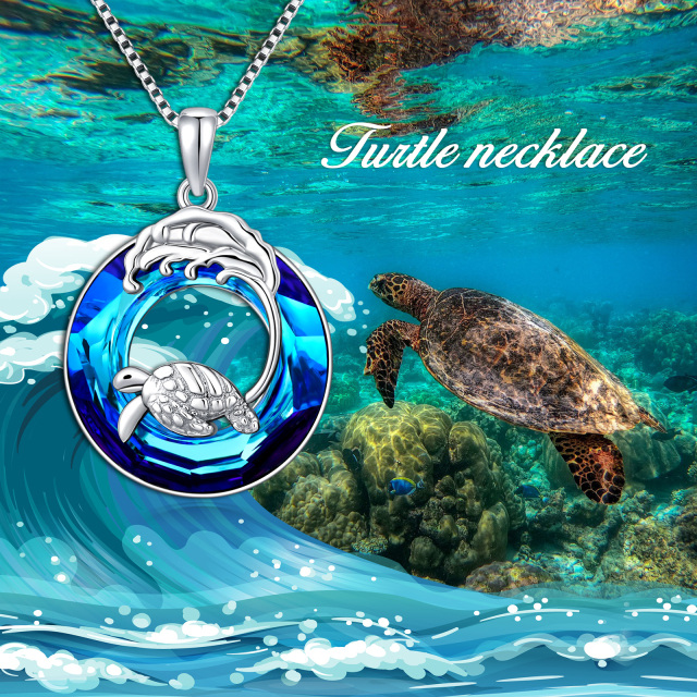 Sterling Silver Circular Shaped Sea Turtle & Spray Crystal Pendant Necklace-2