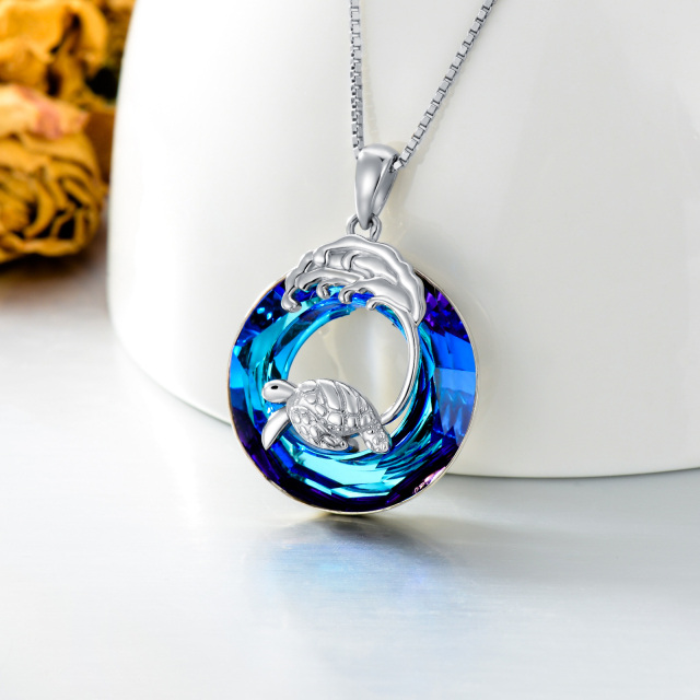 Sterling Silver Circular Shaped Sea Turtle & Spray Crystal Pendant Necklace-3