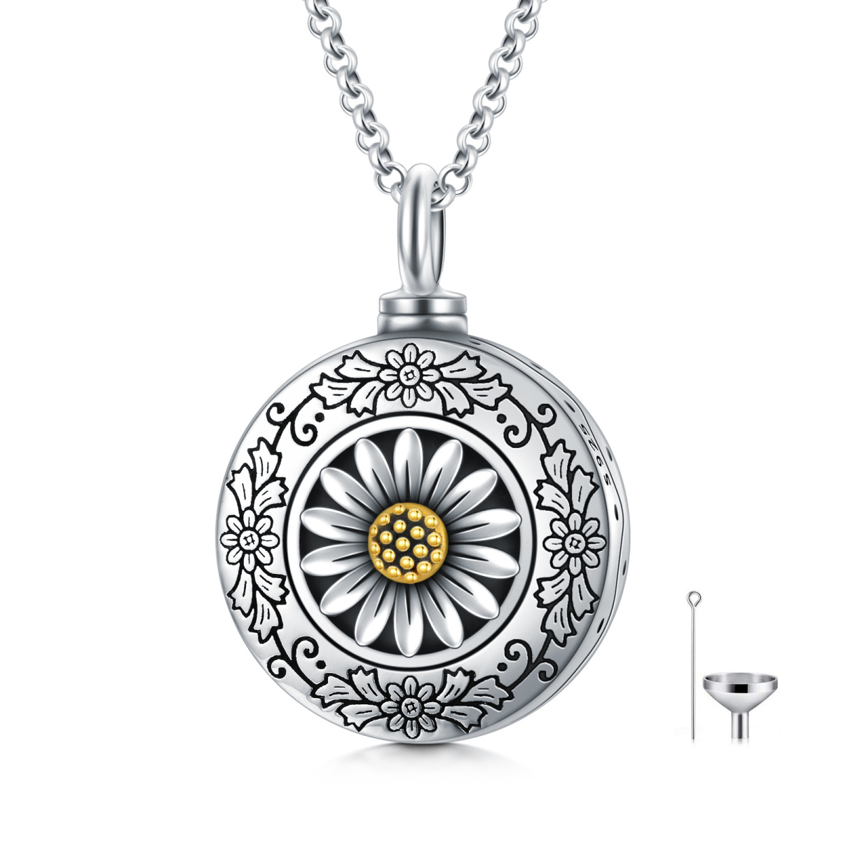 Sterling Silber zweifarbig Sonnenblume Urne Halskette für Asche mit Rolo Kette-1