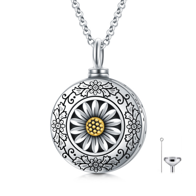 Sterling Silver Two-tone Sunflower Urn Necklace for Ashes with Rolo Chain-0