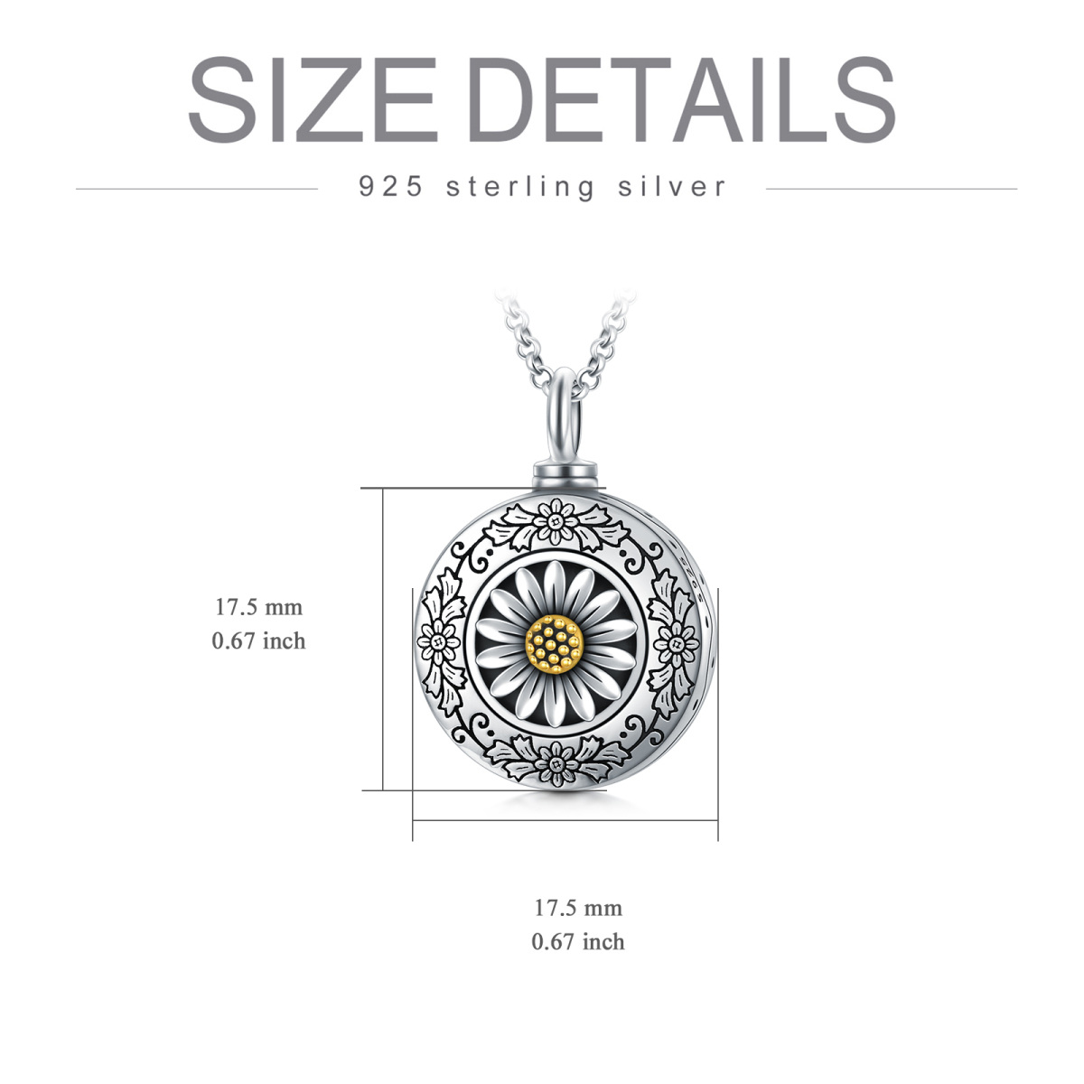 Sterling Silber zweifarbig Sonnenblume Urne Halskette für Asche mit Rolo Kette-7