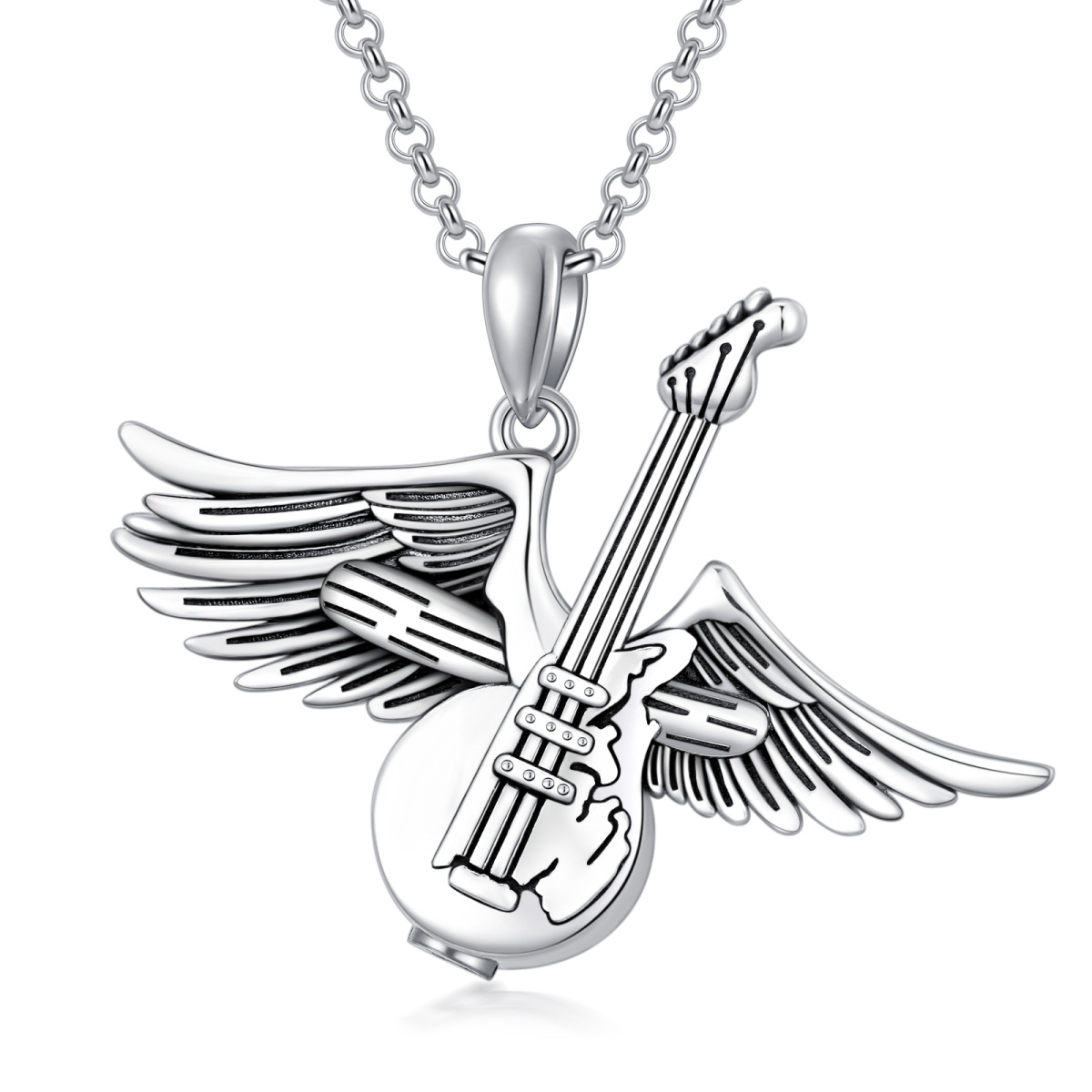 Sterling Silver Guitar & Angel Wing Urn Necklace for Ashes-1