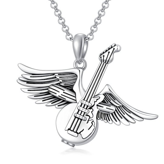 Collana per urna in argento sterling con chitarra e ali d'angelo per le ceneri