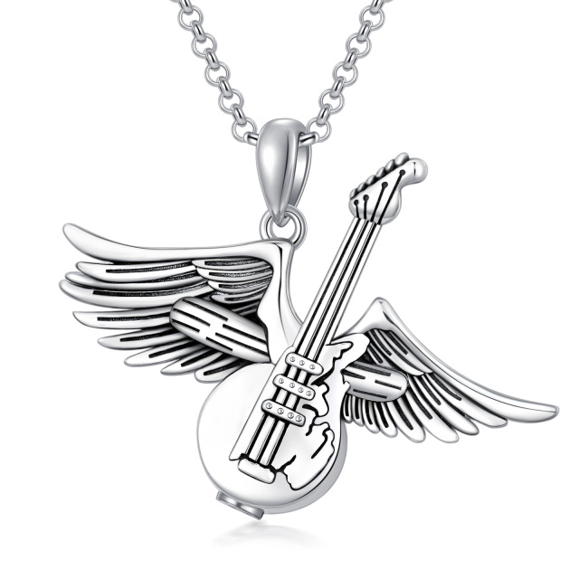 Sterling Silver Guitar & Angel Wing Urn Necklace for Ashes-0