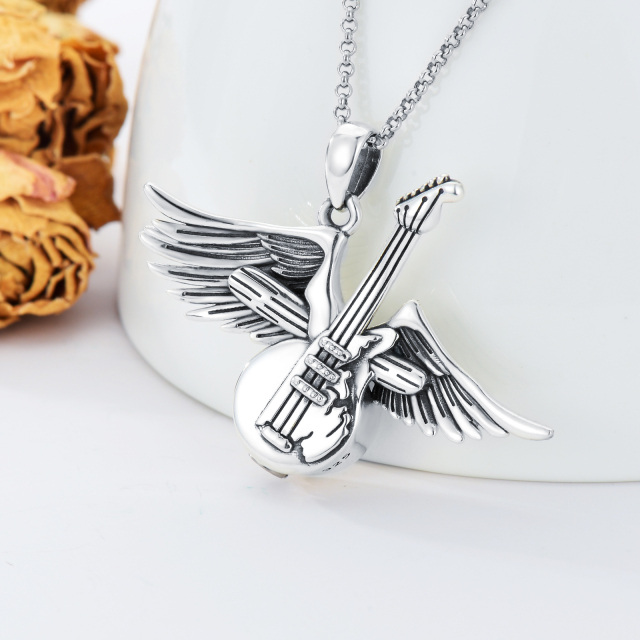 Sterling Silver Guitar & Angel Wing Urn Necklace for Ashes-3