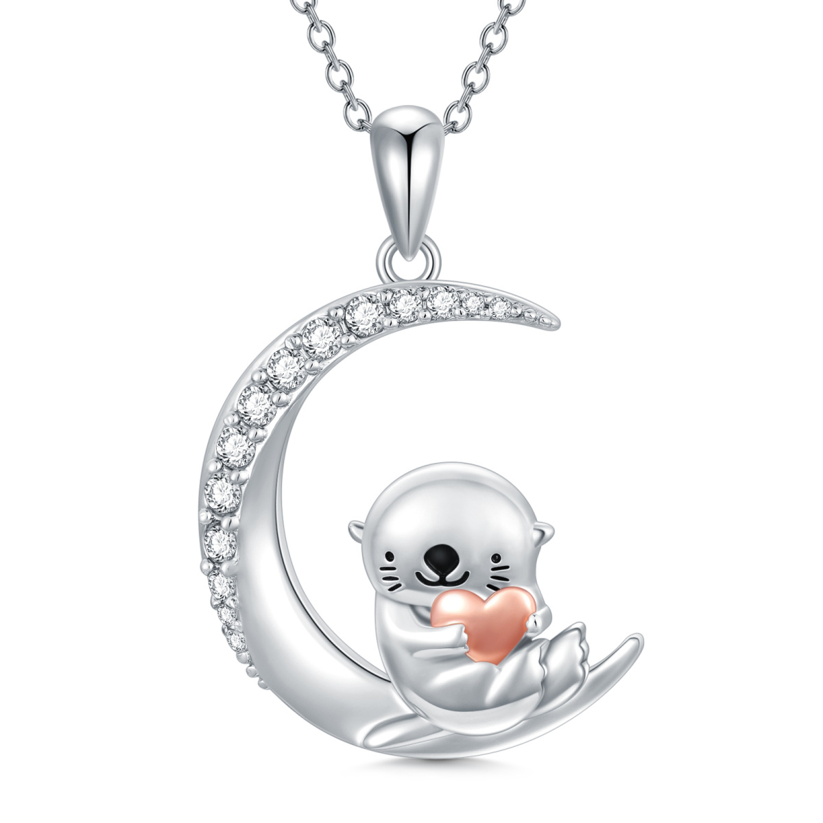Sterling Silver Two-tone Cubic Zirconia Otter & Moon Pendant Necklace-1