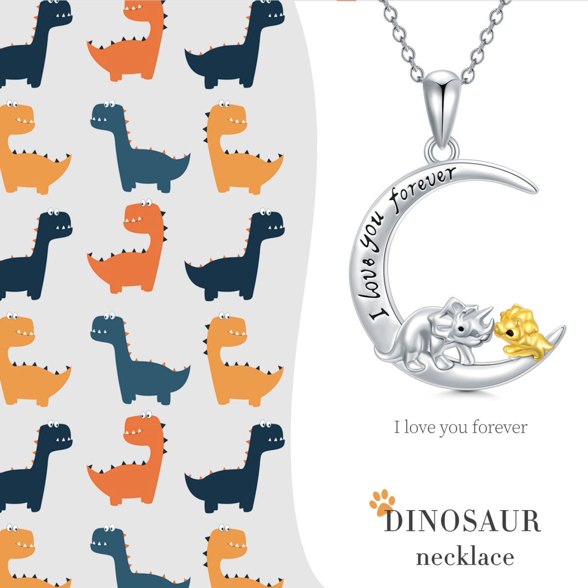 Sterling Silver Two-tone Dinosaur & Moon Pendant Necklace with Engraved Word-6