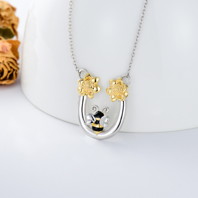 Sterling Silver Two-tone Bee & Sunflower Pendant Necklace-3