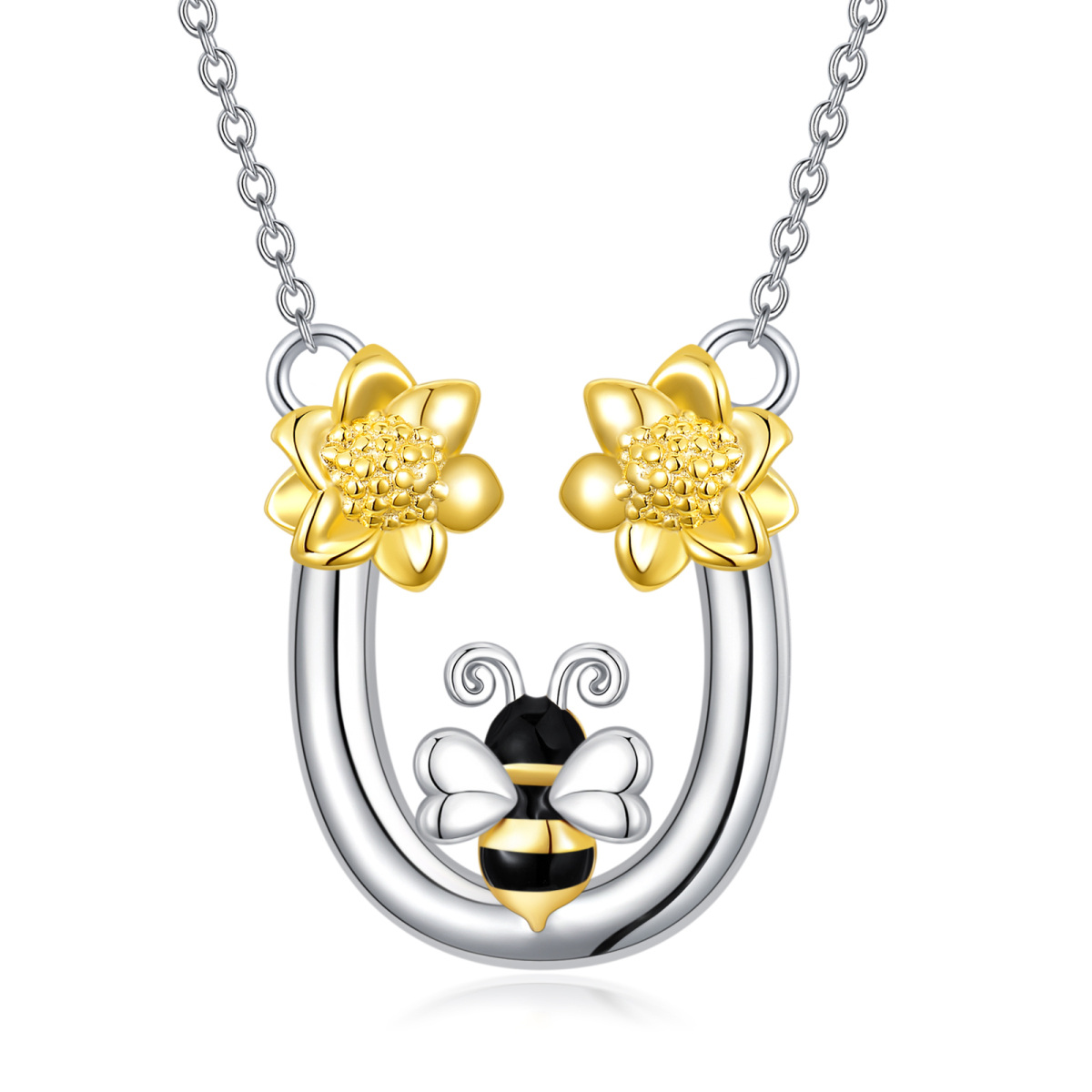 Sterling Silver Two-tone Bee & Sunflower Pendant Necklace-1