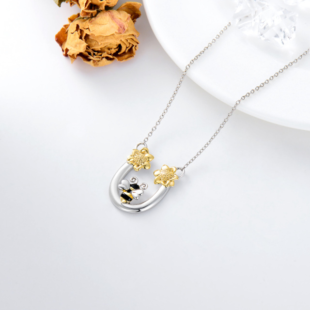 Sterling Silver Two-tone Bee & Sunflower Pendant Necklace-4