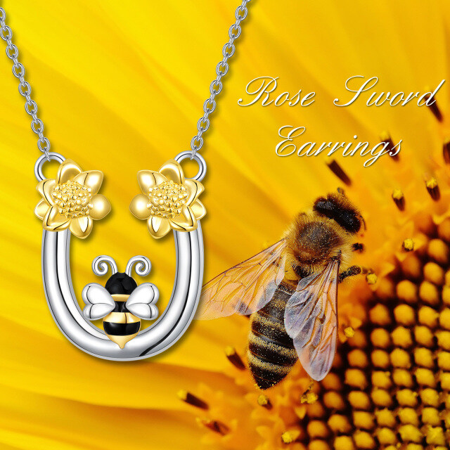 Sterling Silver Two-tone Bee & Sunflower Pendant Necklace-2