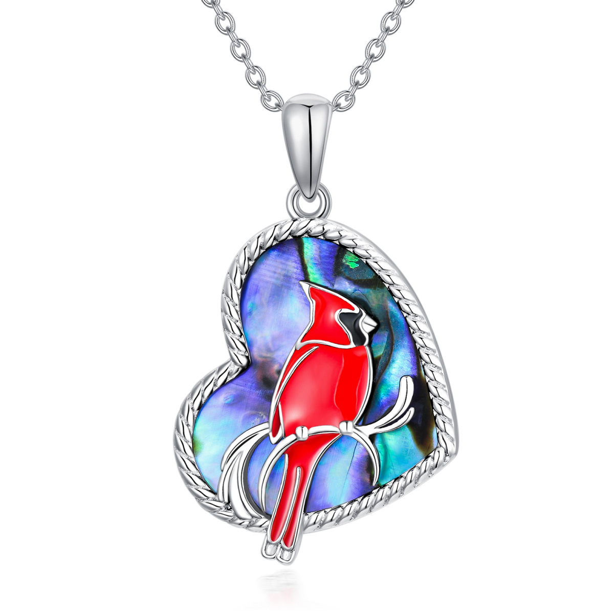 Sterling Silver Heart Abalone Shellfish Cardinal Pendant Necklace-1