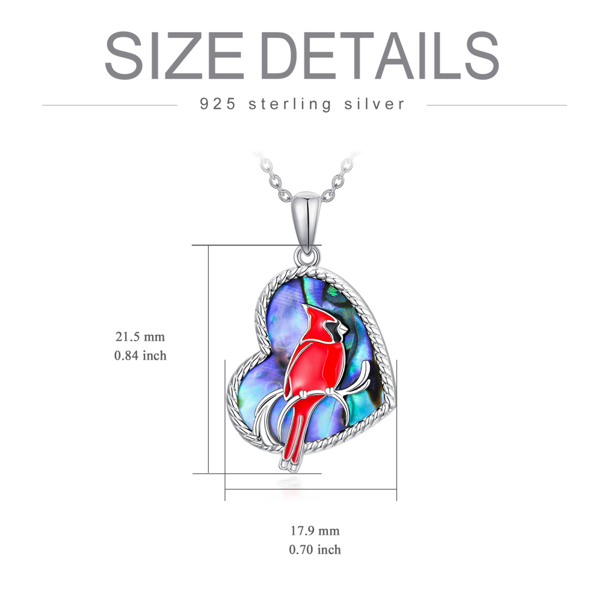 Sterling Silver Heart Abalone Shellfish Cardinal Pendant Necklace-6