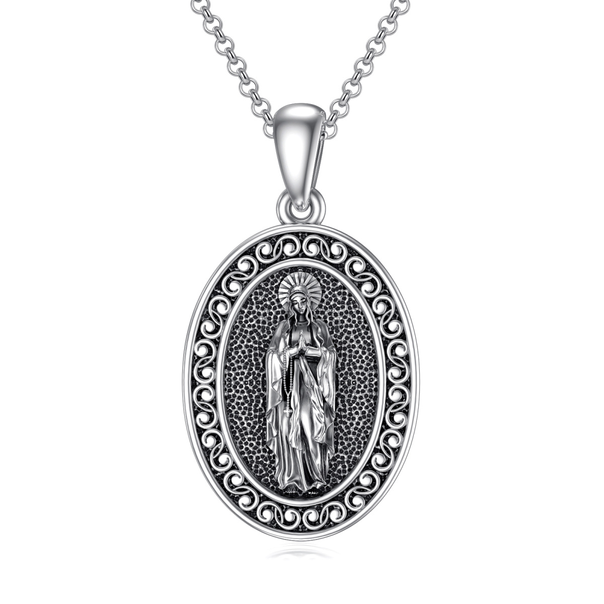 Sterling Silver with Black Plated Virgin Mary Pendant Necklace-1
