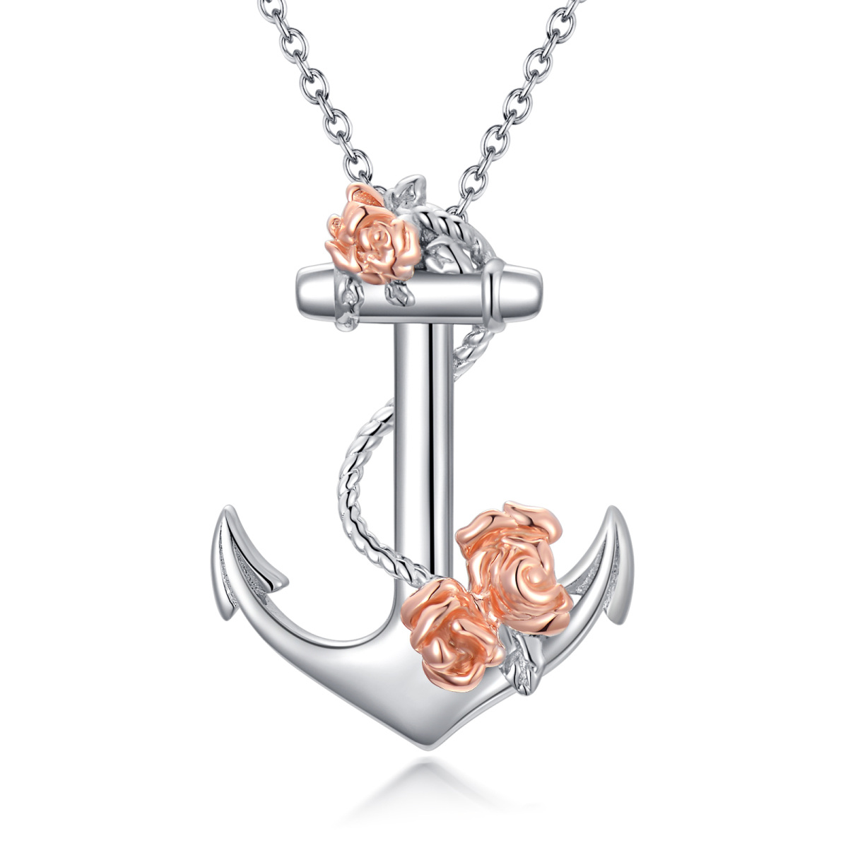 Sterling Silver Two-tone Rose & Anchor Pendant Necklace-1