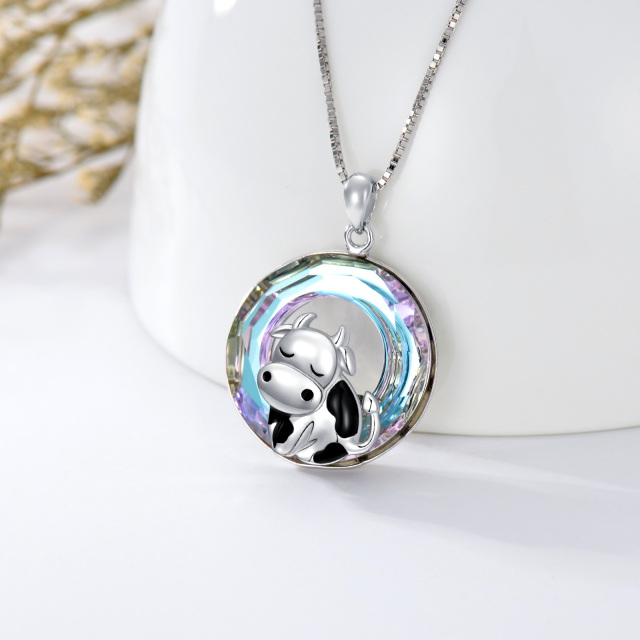 Sterling Silver Circular Shaped Cow Crystal Pendant Necklace-3