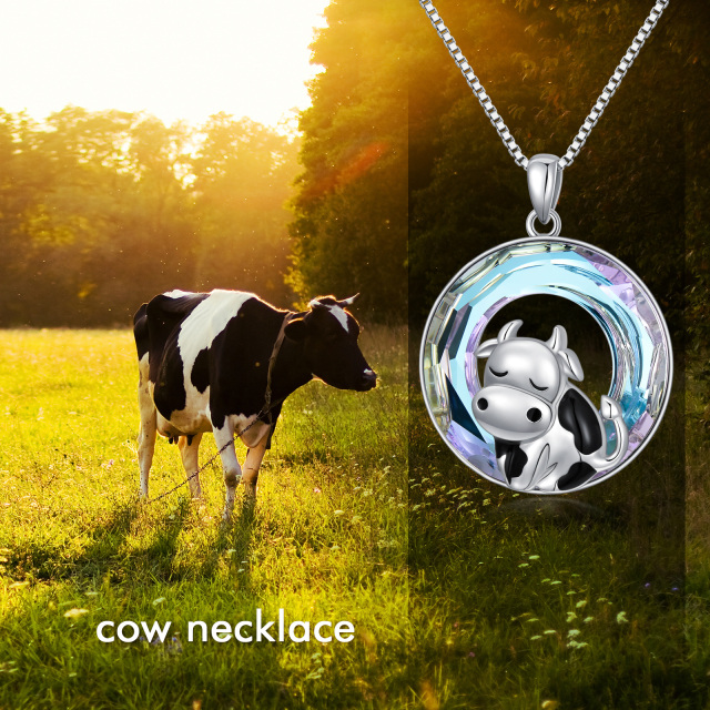 Sterling Silver Circular Shaped Cow Crystal Pendant Necklace-2