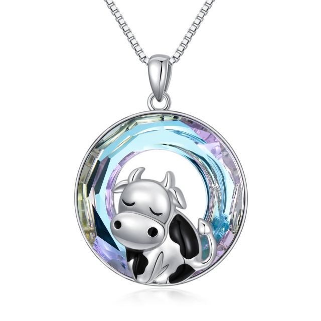 Sterling Silver Circular Shaped Cow Crystal Pendant Necklace-0